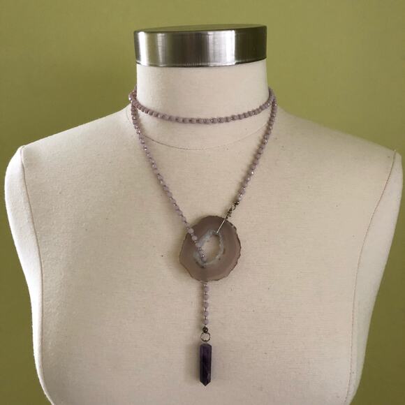 Lavender Geode Pendant Crystal Bead Lariat Necklace Boho Festival Handmade - Picture 2 of 4